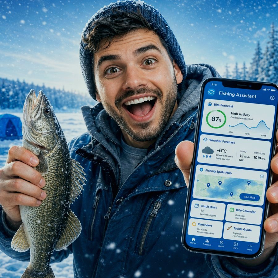 Fishing Assistant app screen with forecast and map