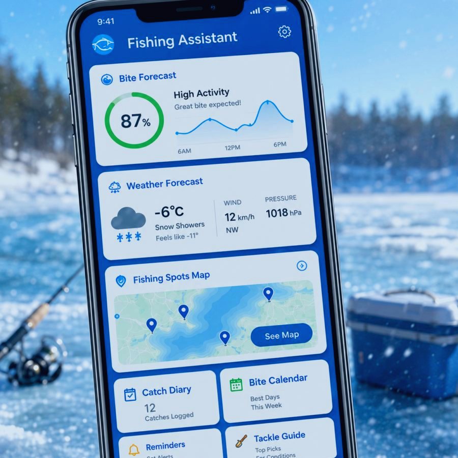 Fishing map screen with saved spots